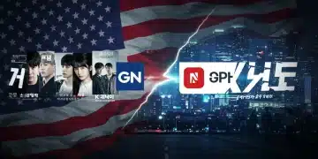 Futuristic graphic illustrating two companies merging, representing U.S. K-drama distribution consolidation.