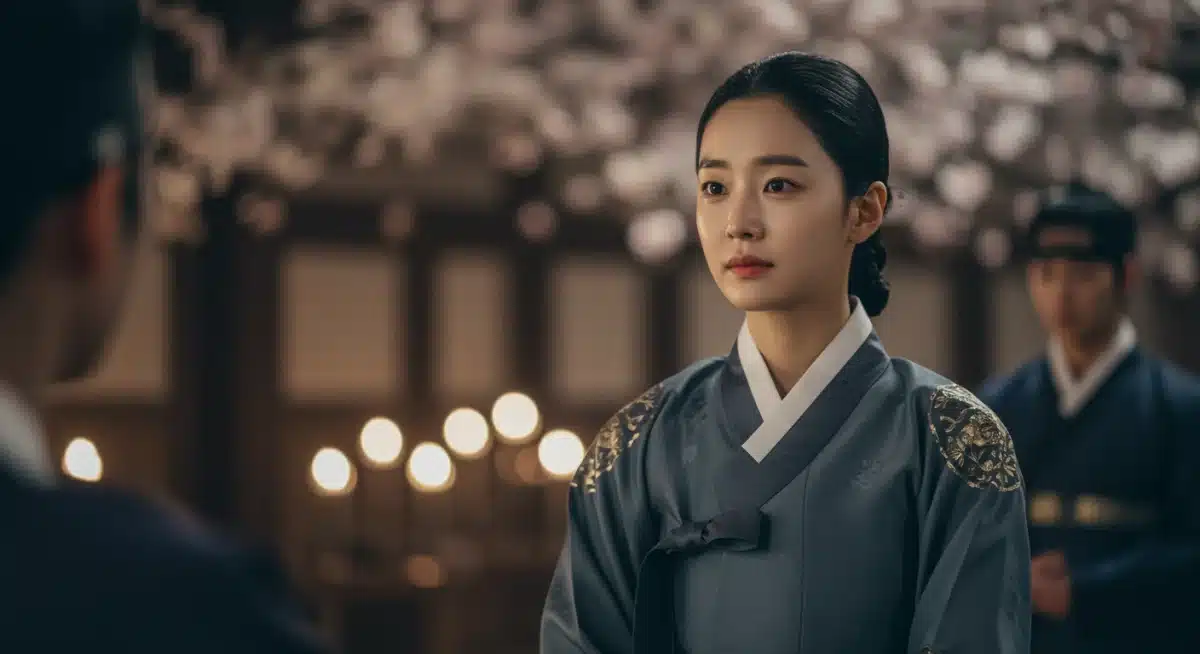 Female K-drama actress in Hanbok in a historical setting, depicting a serene and determined character.