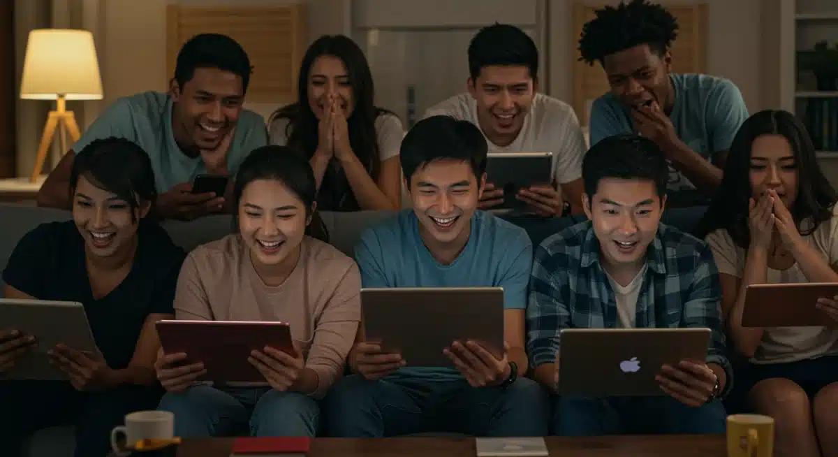 Diverse audience watching K-Dramas on multiple screens, global K-Drama viewership