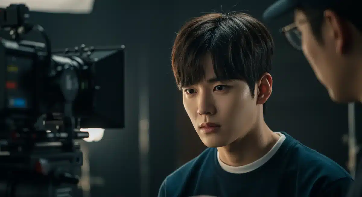 Young K-Drama actor performing intensely on a film set, spotlighting dedication and emerging talent.