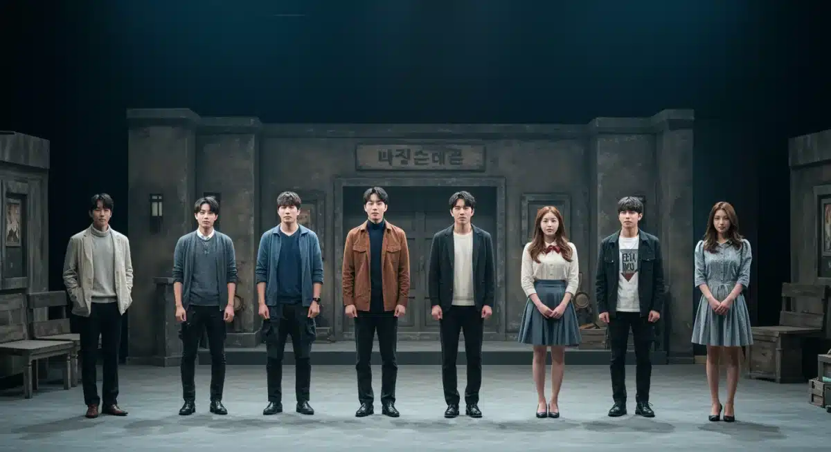 K-drama actors on set, embodying webtoon characters in a detailed environment