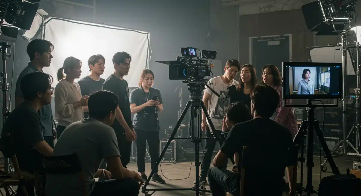 International production teams collaborating on a K-Drama set, symbolizing global partnerships