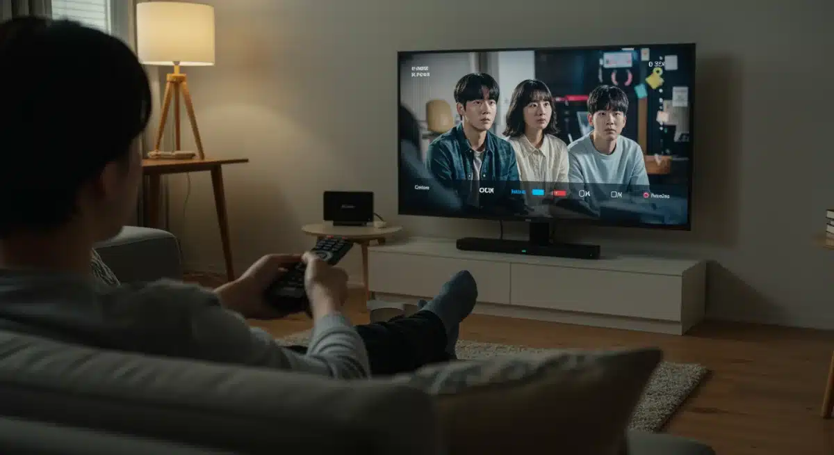 Optimized K-Drama viewing experience on a smart TV in a comfortable living room setting.