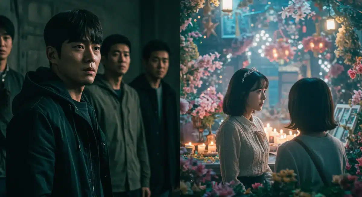 Contrasting K-Drama scenes depicting social commentary and fantasy romance storytelling.