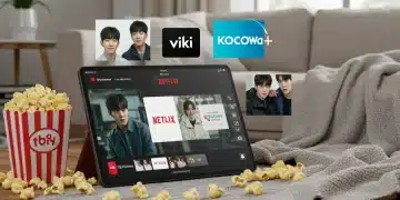 Illustration of K-drama streaming platforms on a tablet, showing Viki, Netflix, Kocowa, and Disney+ logos.