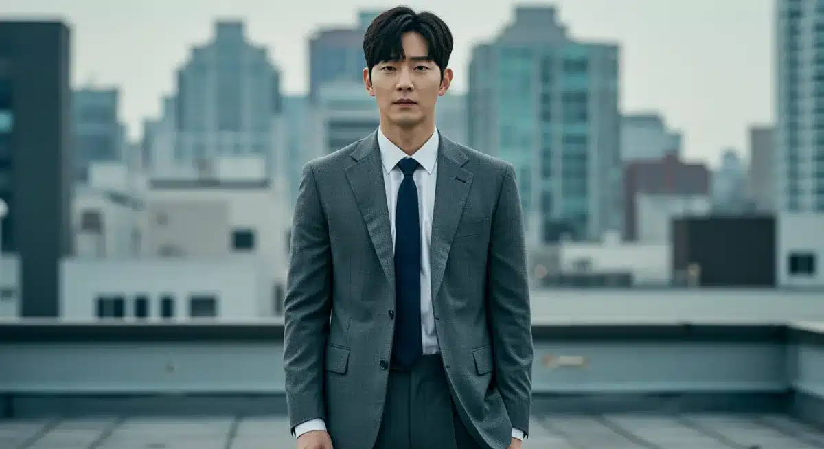 Male K-drama actor in a suit on a rooftop, conveying a thoughtful and powerful performance.