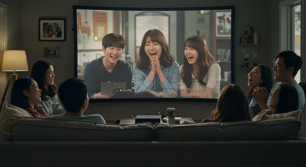 US audience enthusiastically watching a K-Drama on a large screen, showing global appeal.