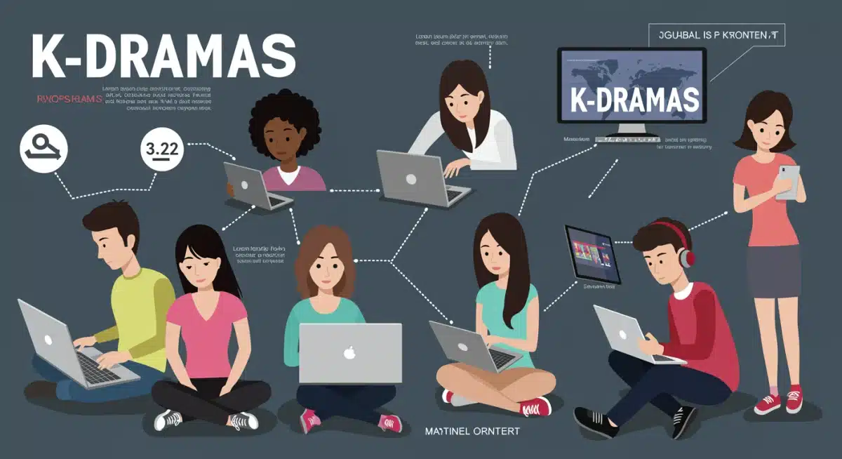 Diverse group of young adults watching K-Dramas on multiple devices, showcasing global appeal.