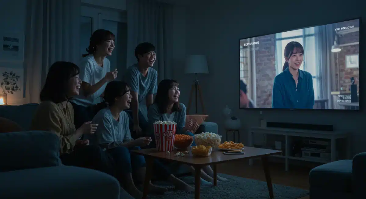 Friends enjoying a K-Drama together in a cozy living room