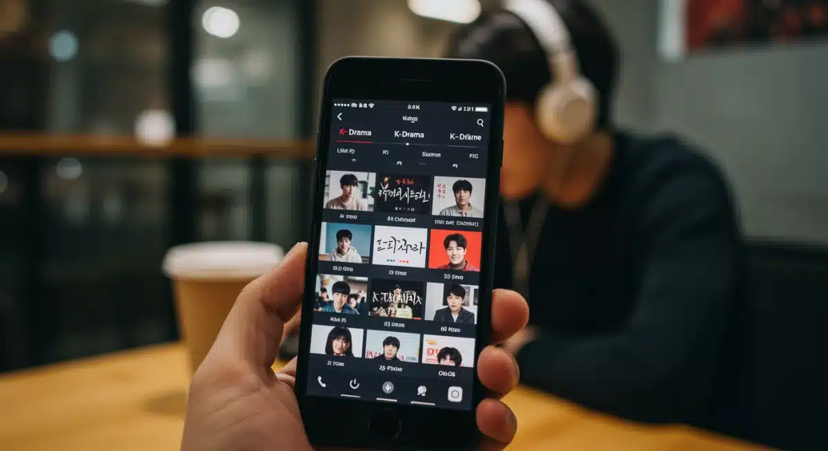Smartphone displaying K-Drama streaming interface with headphones